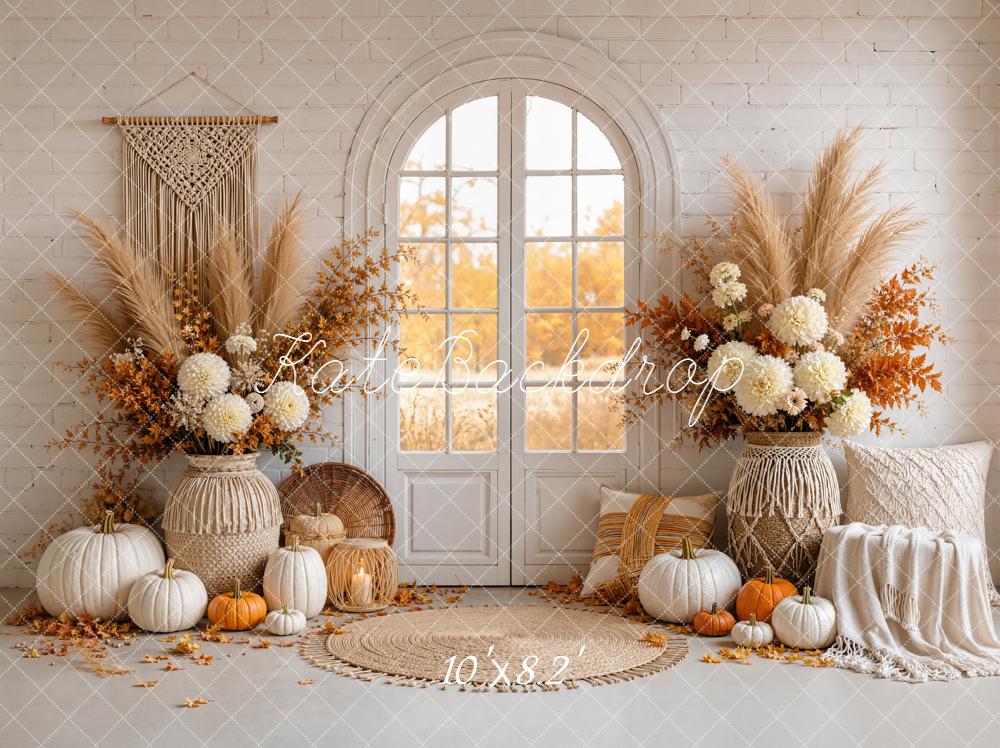 Kate Fall Boho Pumpkin Floral Arched Window Door Printed Backdrop Designed by Emetselch