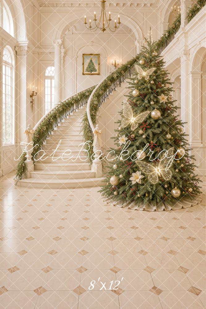 Kate Christmas Tree Cascading Stairs Butterfly Lights Elegant Printed Backdrop Designed by Emetselch