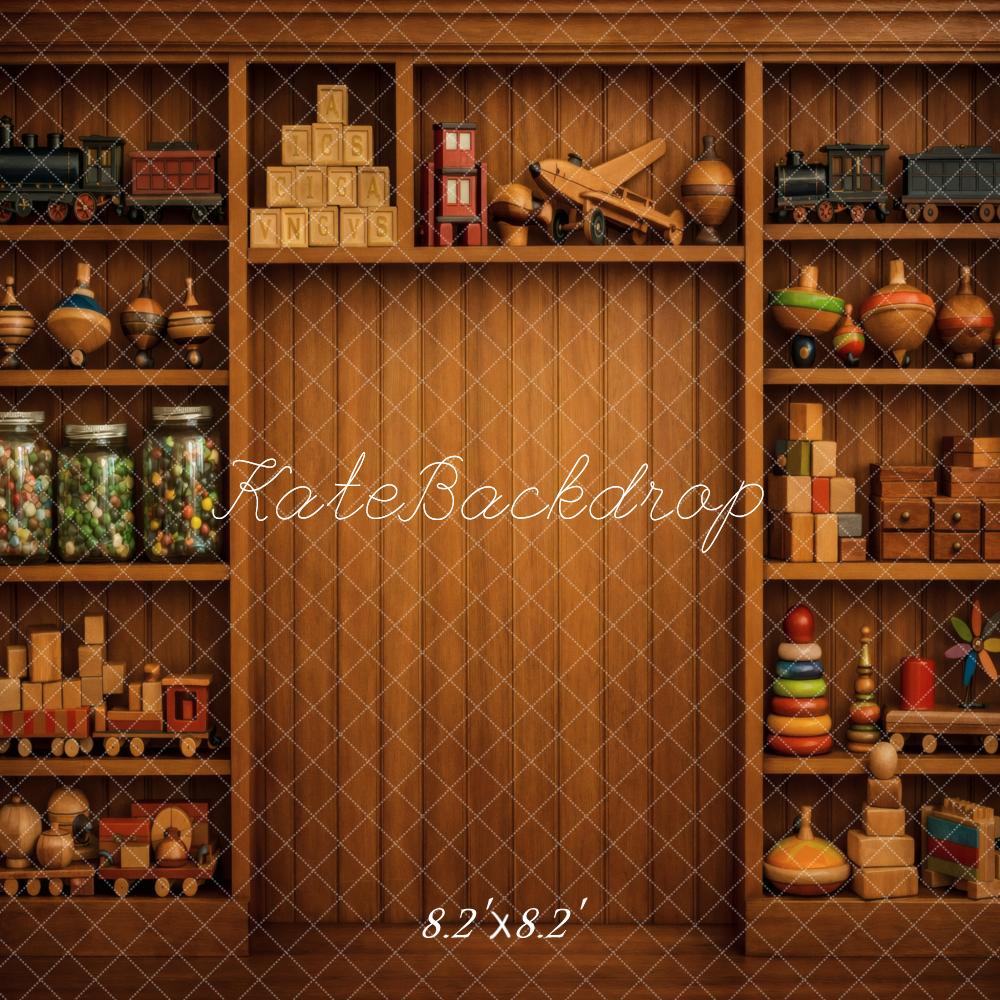 Kate Vintage Wooden Cabinet with Classic Toys Printed Backdrop Designed by Vertigo Productions