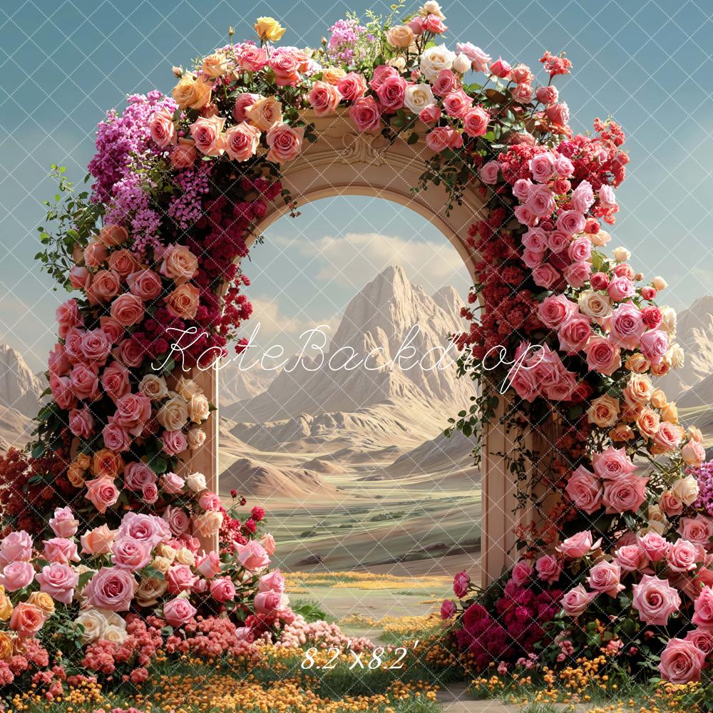 Kate Spring Flower Arch Desert Mountains Printed Backdrop Designed by Mini MakeBelieve