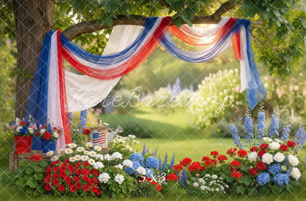 Kate 4th Of July Patriotic Red White Blue Drapes Garden Flowers Printed Backdrop Designed by Emetselch