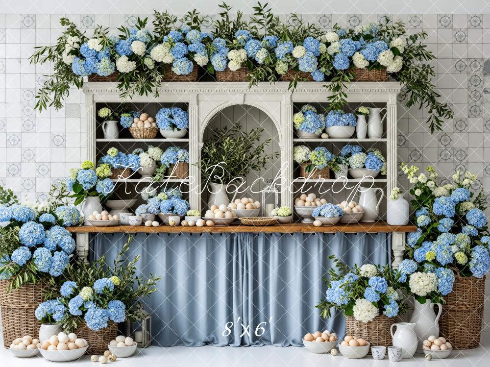 Kate Spring Blue Hydrangea Shelf Cabinet Eggs Kitchen Backdrop Designed by Patty Roberts