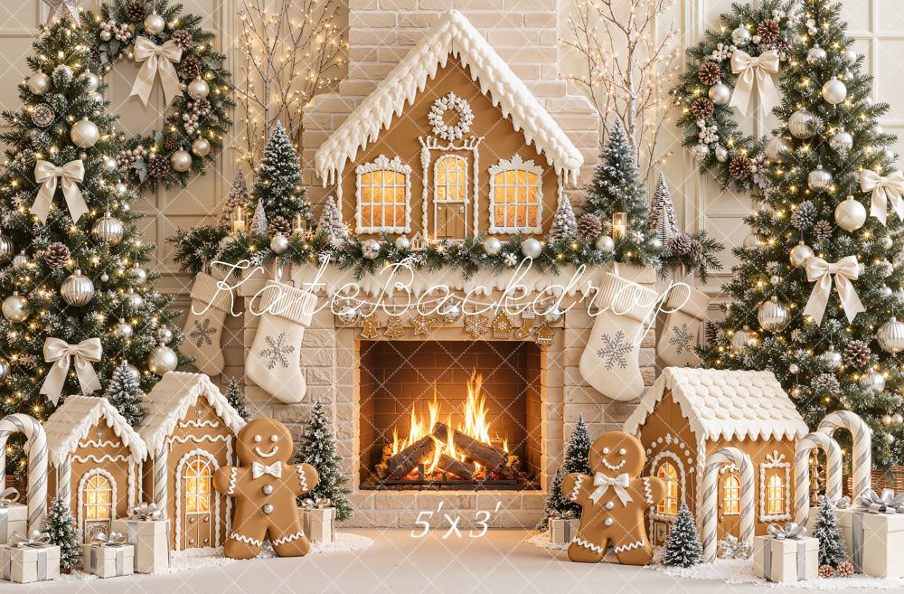 Kate Christmas Gingerbread Fireplace Christmas Trees Wreath Printed Backdrop Designed by Emetselch
