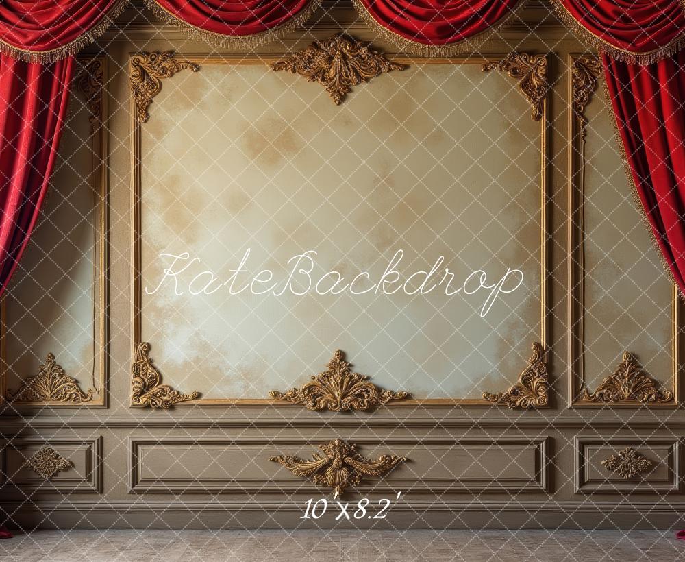 Kate Vintage Wall Red Curtains Gold Ornaments Printed Backdrop Designed by Laura Bybee