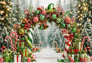 Kate Christmas Green Fantasy Candy Arch Forest Presents Snowy Printed Backdrop Designed by Emetselch