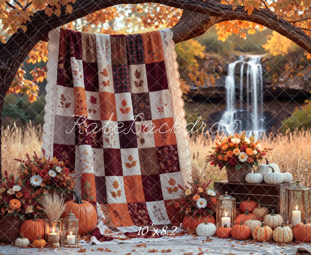 Kate Fall Blanket Branch Arch Pumpkins Waterfall Floral Printed Backdrop Designed by Mini MakeBelieve