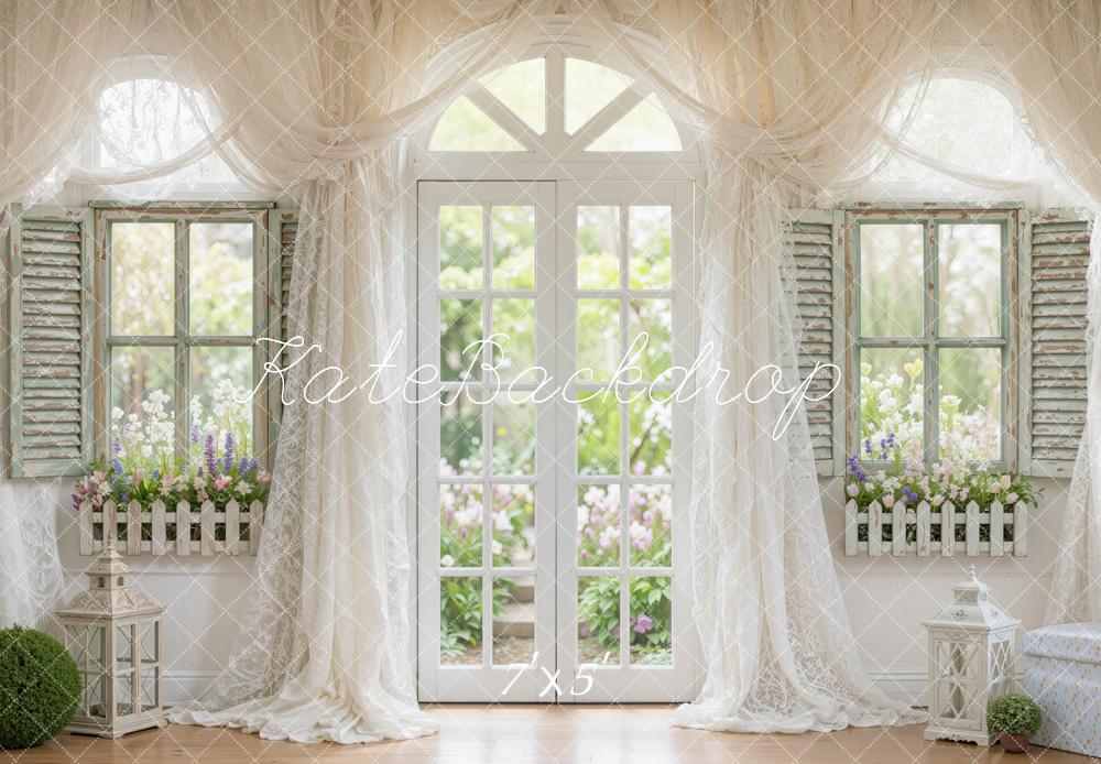 Kate Spring White Drapes Arched French Doors Flower Garden Printed Backdrop Designed by Mini MakeBelieve