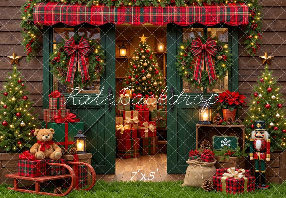 Kate Christmas Storefront Porch Plaid Trees Presents Nutcracker Printed Backdrop Designed by Mini MakeBelieve