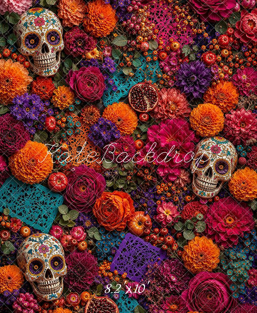 Kate Day of the Dead Sugar Skull Floral Marigold Printed Backdrop Designed by Ashley Ward