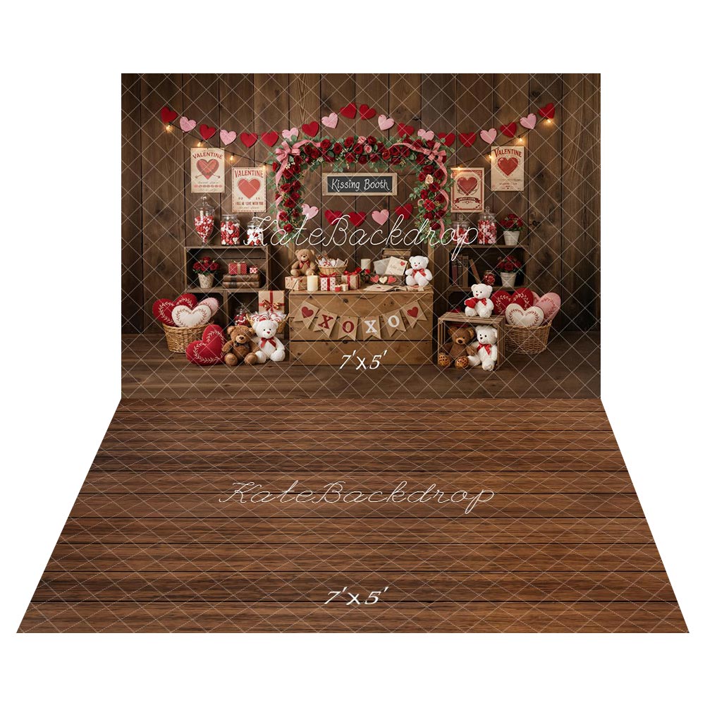 Kate Valentine's Day Kissing Booth Heart Garland Teddy Bear Backdrop+Brown Wood Floor Backdrop