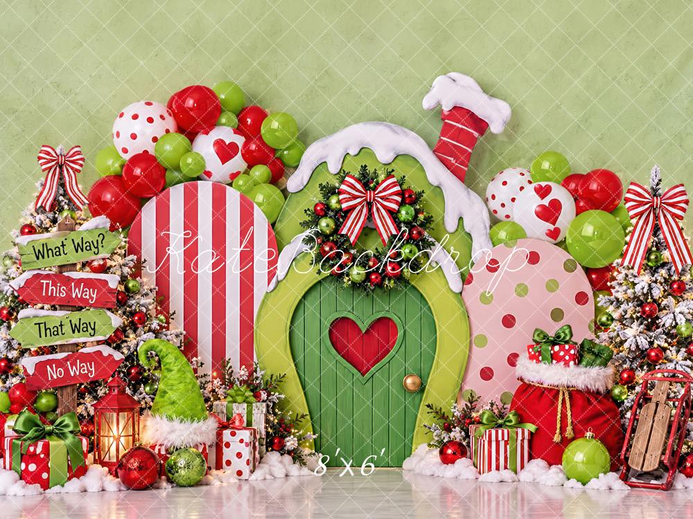 Kate Christmas Cake Smash Green Elf Door Candy Cane House Printed Backdrop Designed by Laura Bybee