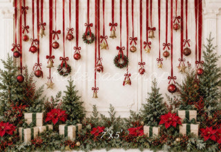 Lightning Deal Kate Christmas Red Ribbon Bells Ornaments Greenery Gifts Printed Backdrop Designed by Patty Roberts