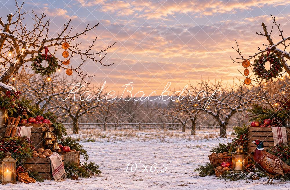 Kate Christmas Snowy Apples Orchard Wreaths Printed Backdrop Designed by Vertigo Productions