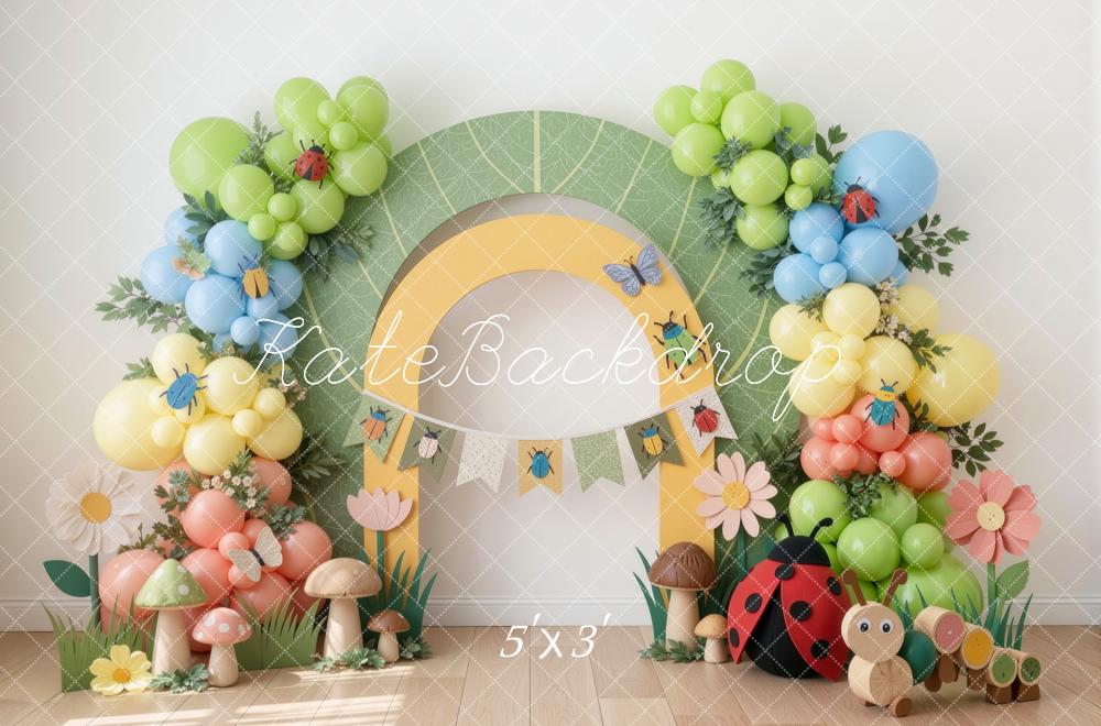 Kate Cake Smash Cute Insects Caterpillar Balloons Arch Mushrooms Ladybug Printed Backdrop Designed by Mini MakeBelieve