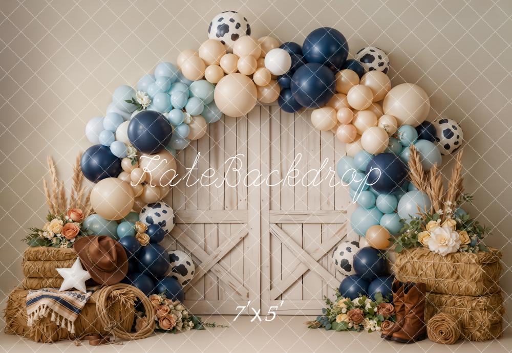 Kate Cake Smash Western Barn Door Balloon Arch Hay Bales Printed Backdrop Designed by Emetselch