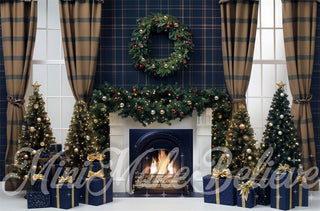 Kate Christmas Colorful Plaid Curtain Blue White Retro Fireplace Printed Backdrop Designed by Mini MakeBelieve