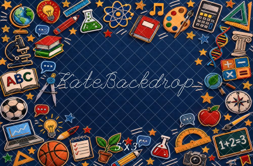 Kate Back To School Blue Books Globe Calculator Art Sports Printed Backdrop Designed by Vertigo Productions