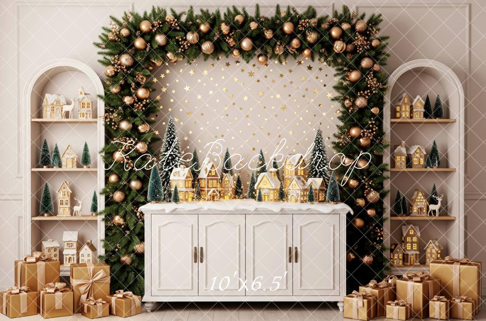 Kate Christmas Greenery Arch Mini Village Gift Boxes Backdrop Designed by Patty Roberts