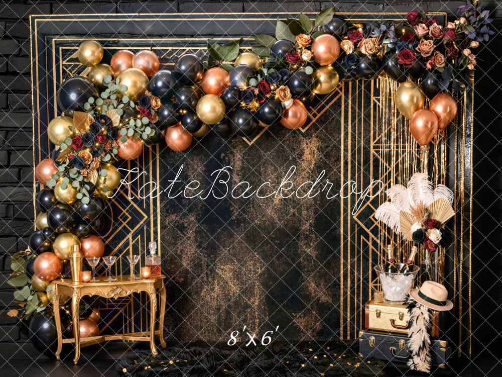 Kate Birthday Black Gold Art Deco Floral Balloon Champagne Garland Printed Backdrop Designed by Mini MakeBelieve