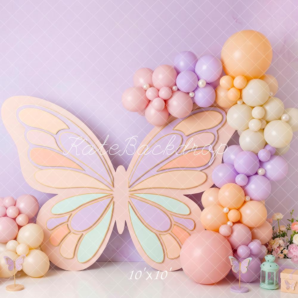 Kate Cake Smash Pastel Butterfly Balloons Flowers Printed Backdrop Designed by Patty Roberts