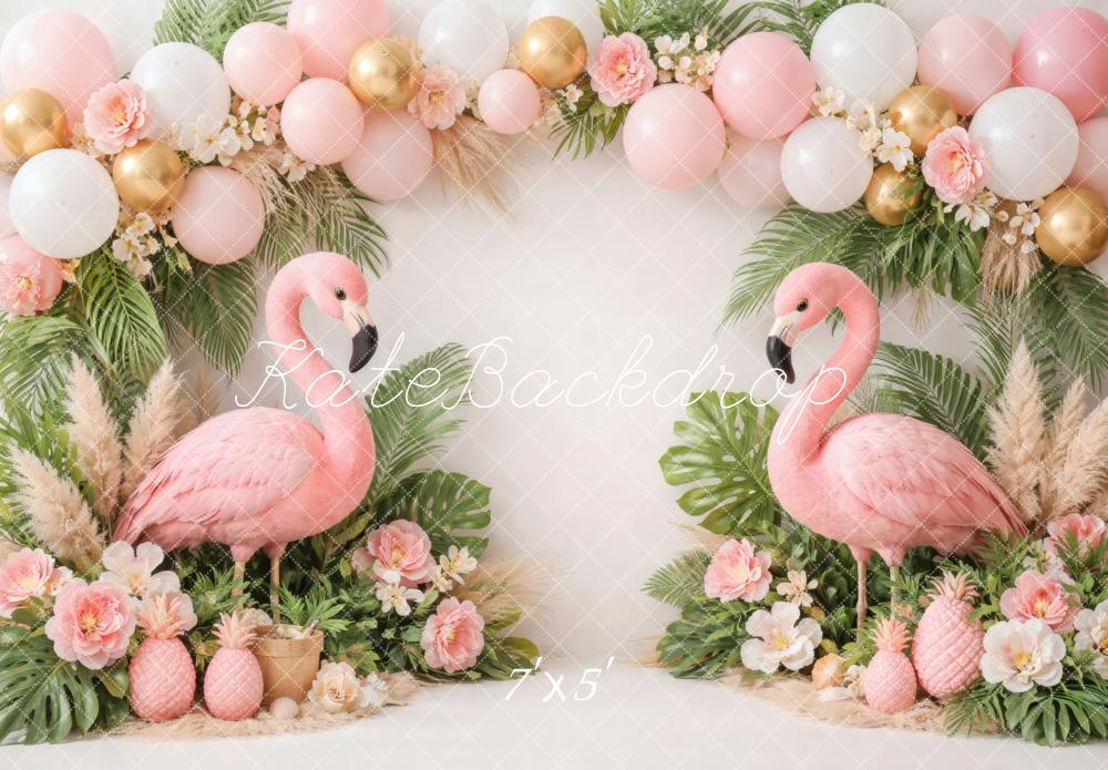 Kate Summer Flamingo Pink Balloons Tropical Greenery Pineapples Printed Backdrop Designed by Vertigo Productions