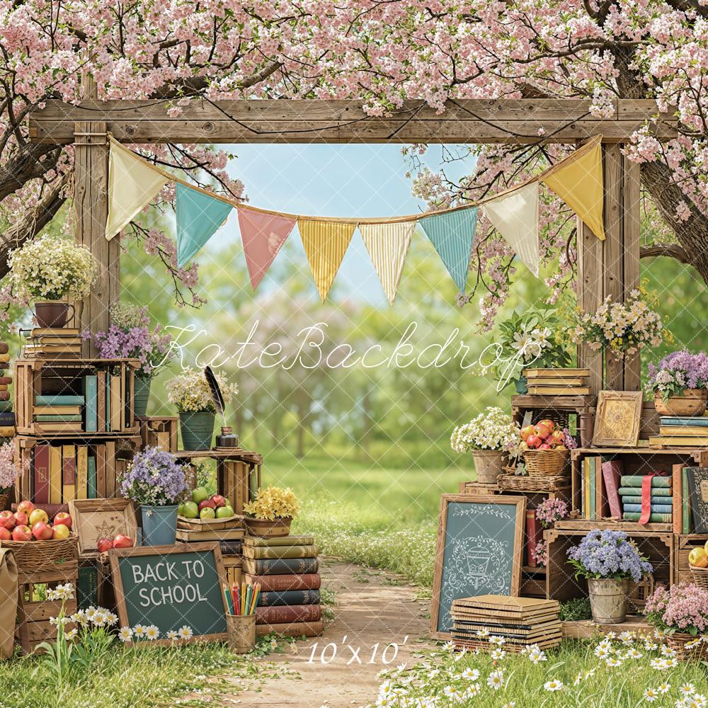 Kate Back to School Books Cherry Blossom Flowers Printed Backdrop Designed by Emetselch