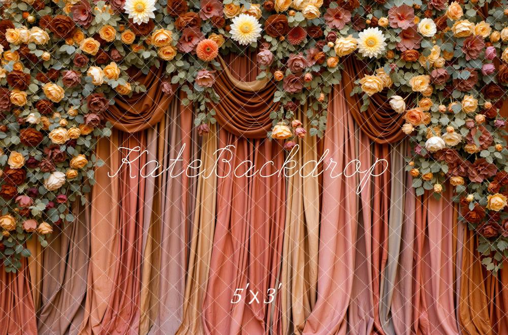 Kate Fall Flower Arch Brown Drapes Printed Backdrop Designed by Mini MakeBelieve