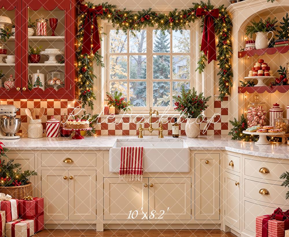 Kate Christmas Kitchen Cabinet Garland Window Candy Corner Printed Backdrop Designed by Shutter Swan Studios