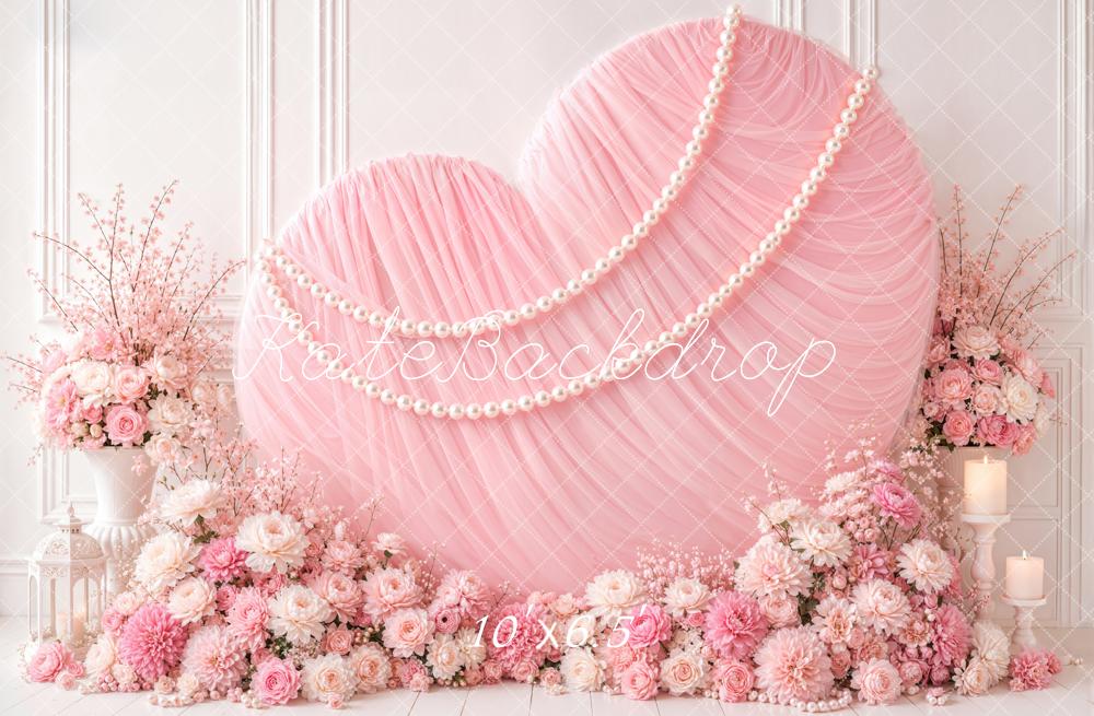 Kate Valentine's Day Pink Chiffon Heart Pearls Flowers Vases Printed Backdrop Designed by Emetselch