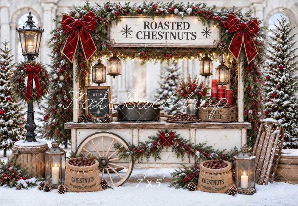 Kate Christmas Roasted Chestnut Cart Snowy Red Bow Printed Backdrop Designed by Ashley Paul