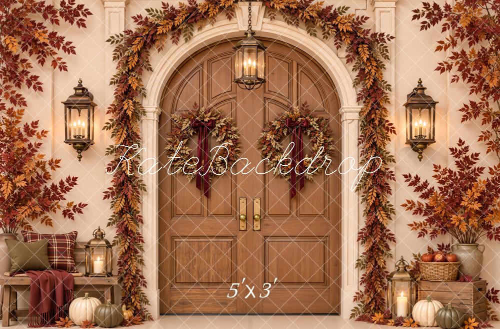 Kate Fall Arched Door Pumpkin Garland Lanterns Printed Backdrop Designed by Emetselch