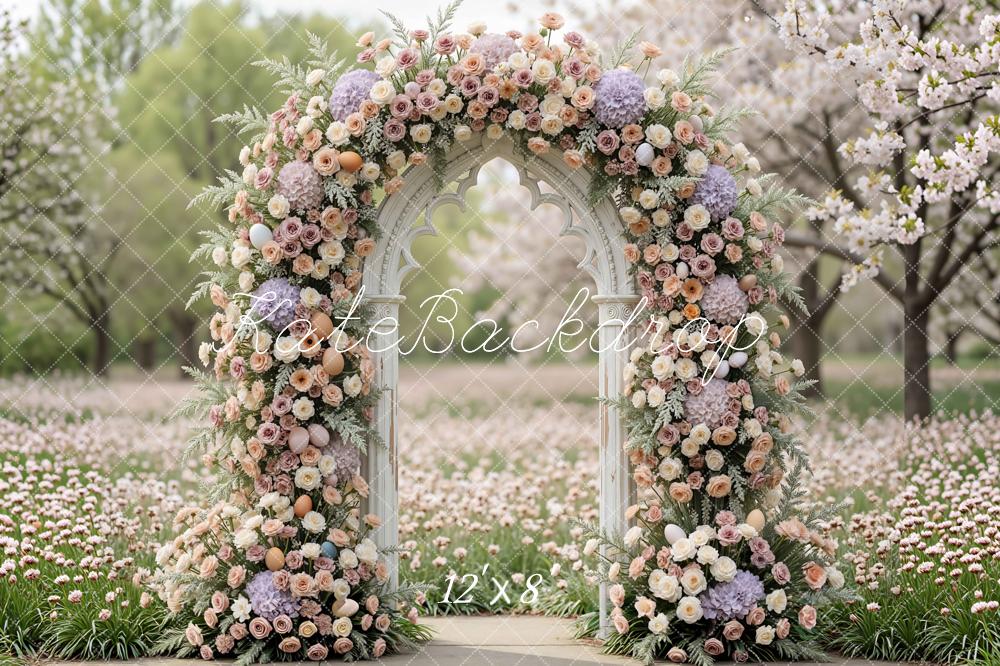 Kate Spring Flower Arch Easter Eggs Spring Garden Printed Backdrop Designed by Mini MakeBelieve