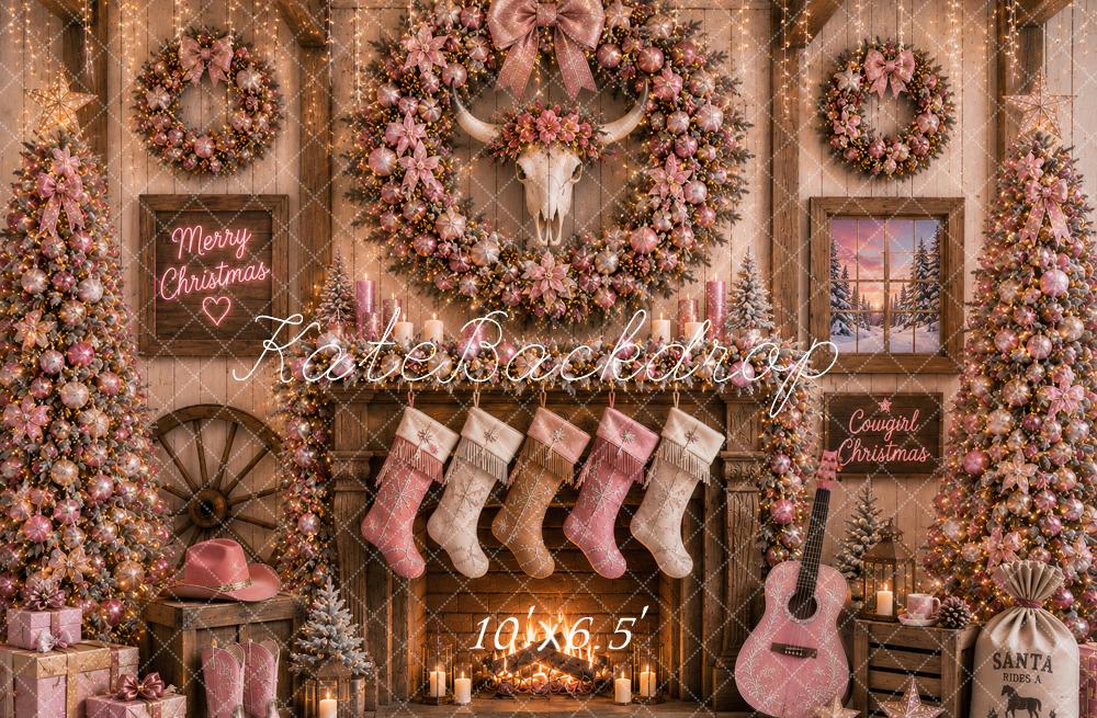 Kate Christmas Pink Rustic Fireplace Bull Skull Printed Backdrop Designed by Ashley Paul