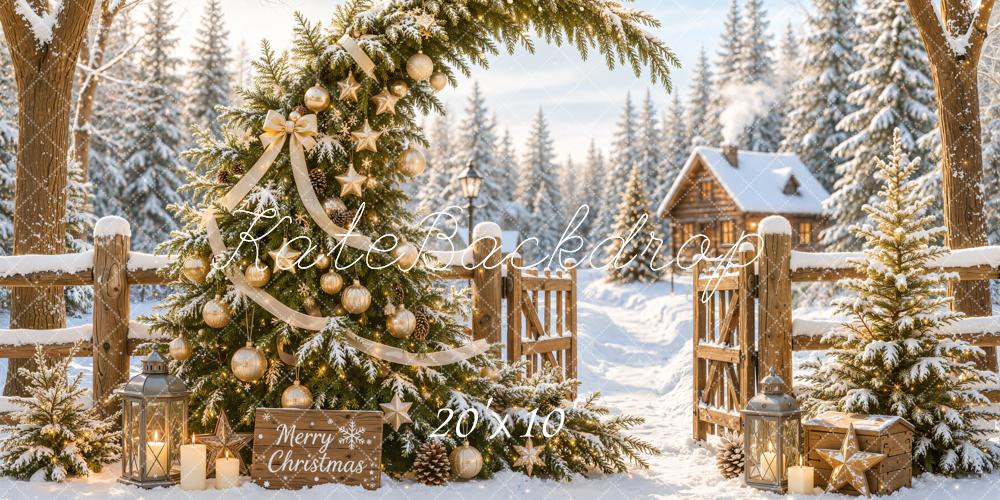 Kate Christmas Fantasy Snowy Tree Whimsical Gold Ornaments Cabin Gate Printed Backdrop Designed by Emetselch