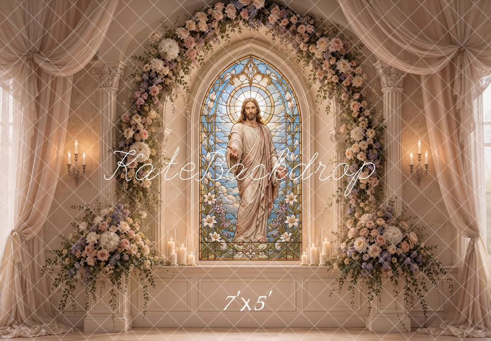 Kate Easter Christian Jesus Stained Glass Floral Arch Printed Backdrop Designed by Ashley Ward