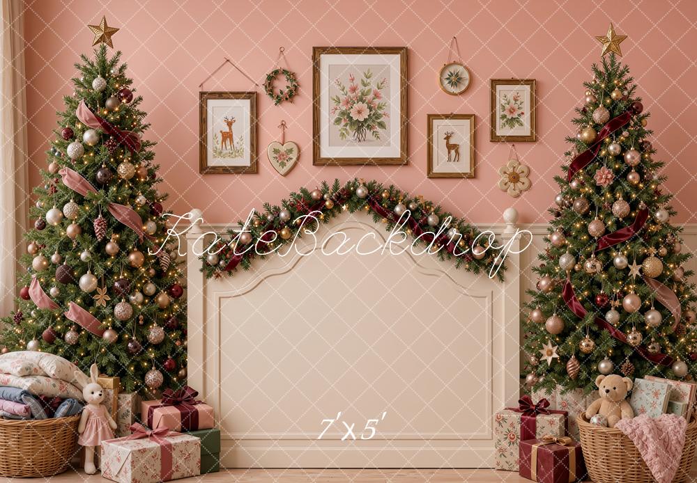 Kate Christmas Headboard Pink Trees Garland Printed Backdrop Designed by Shutter Swan Studios