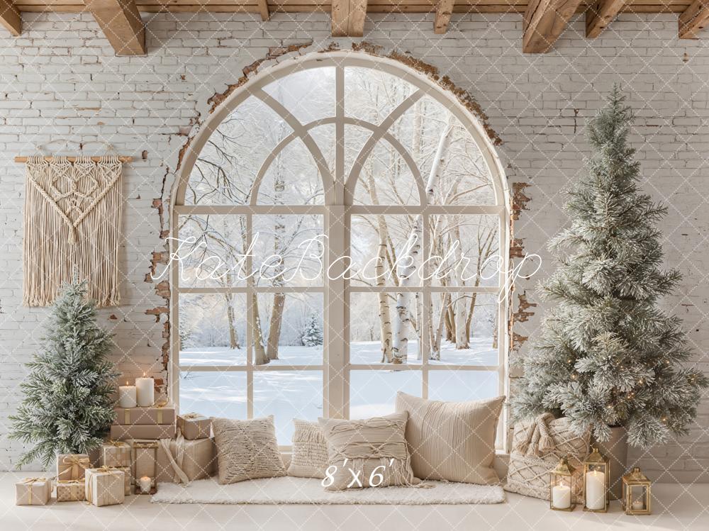 Kate Christmas Rustic Arched Window Snowy Trees Backdrop Designed by Emetselch