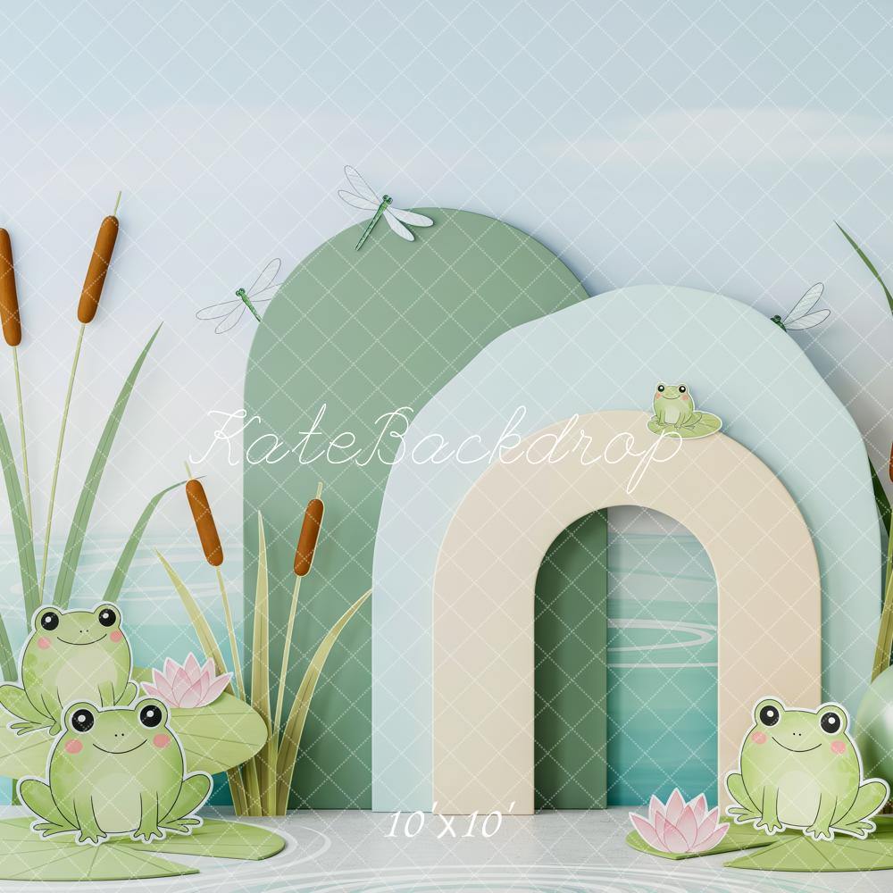 Kate Cake Smash Frog Pond Cattails Balloons Printed Backdrop Designed by Patty Roberts