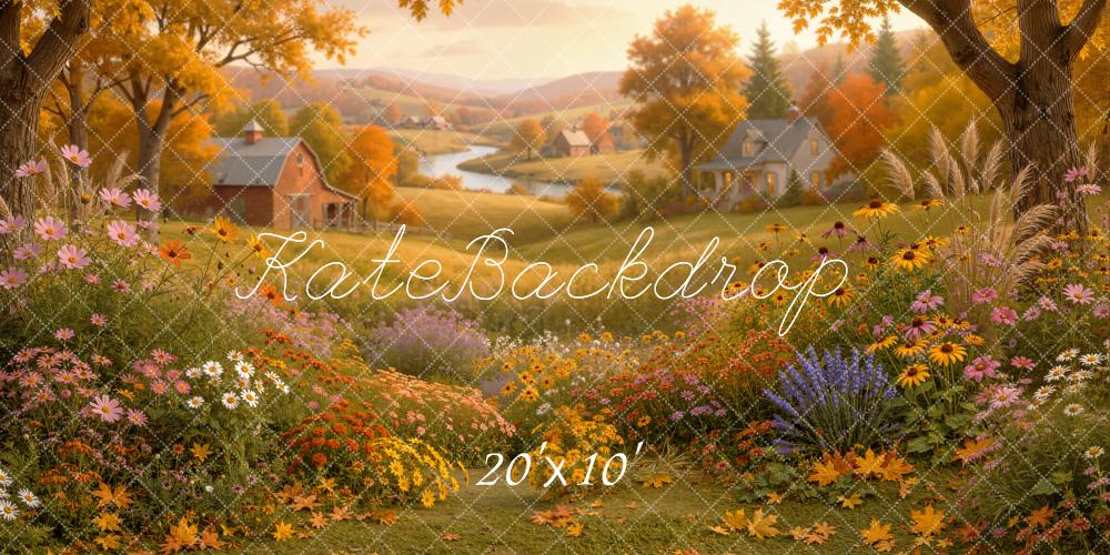 Kate Fall Countryside Golden Village Flower Meadow Printed Backdrop Designed by Emetselch