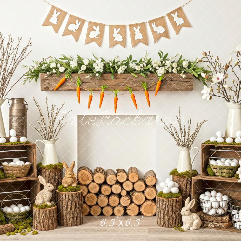 Kate Easter Bunny Rustic Carrots White Eggs Floral Fireplace Backdrop Designed by Patty Roberts