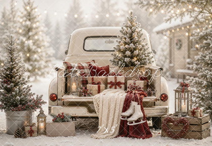 Kate Christmas Vintage White Truck Tree Gifts Ice Skates Snow Printed Backdrop Designed by Emetselch