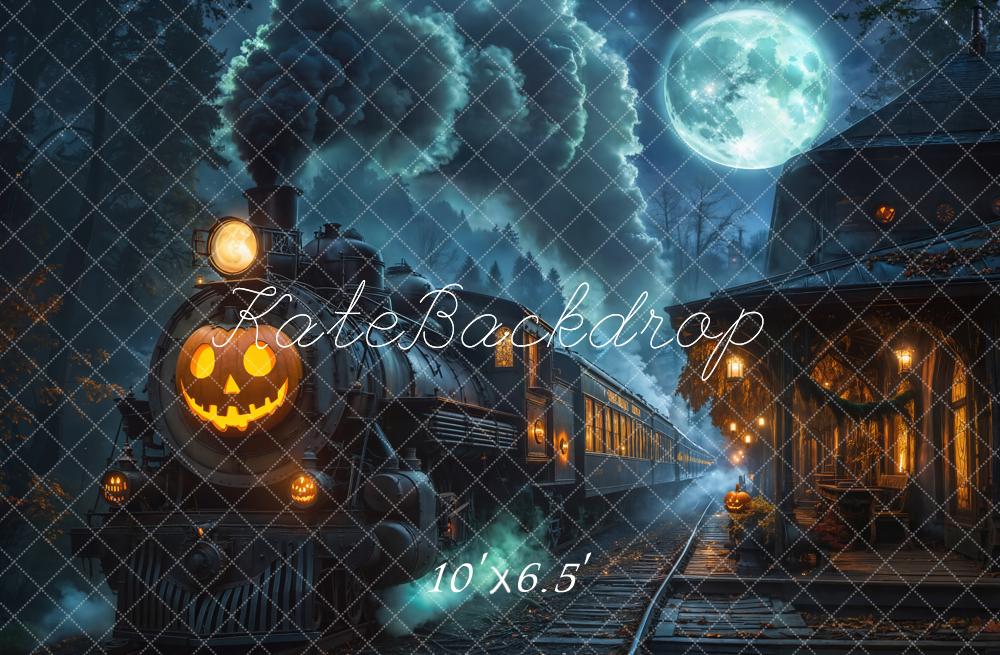 Kate Halloween Haunted Train Station Pumpkin Lantern Moon Printed Backdrop Designed by Emetselch