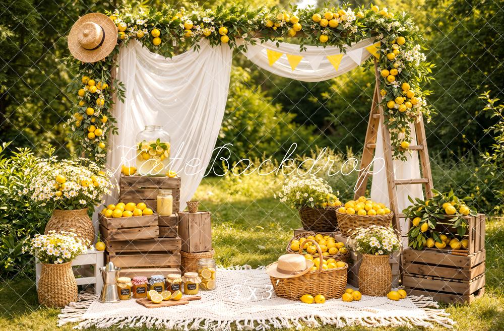 Kate Summer Lemon Flower Arch Picnic Printed Backdrop Designed by Emetselch