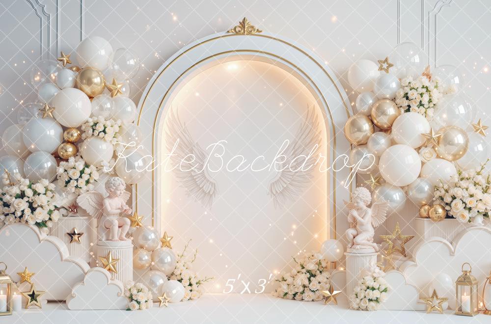 Kate Cake Smash Heaven Made Angel Arch Balloons Stars Clouds Printed Backdrop Designed by Mini MakeBelieve
