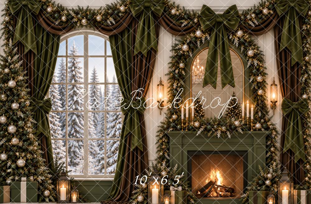 Kate Christmas Olive Green Fireplace Mirror Garland Bows Window Snowy Printed Backdrop Designed by Ashley Paul