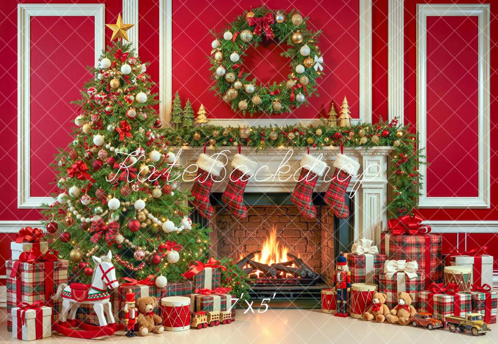 Kate Christmas Red Fireplace Christmas Tree Wreath Plaid Printed Backdrop Designed by Mini MakeBelieve