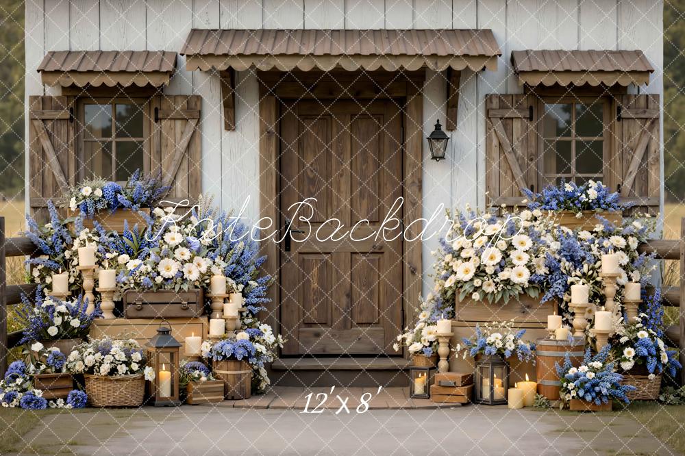 Kate Spring Rustic Porch Blue White Flowers Candles Crates Backdrop Designed by Mini MakeBelieve
