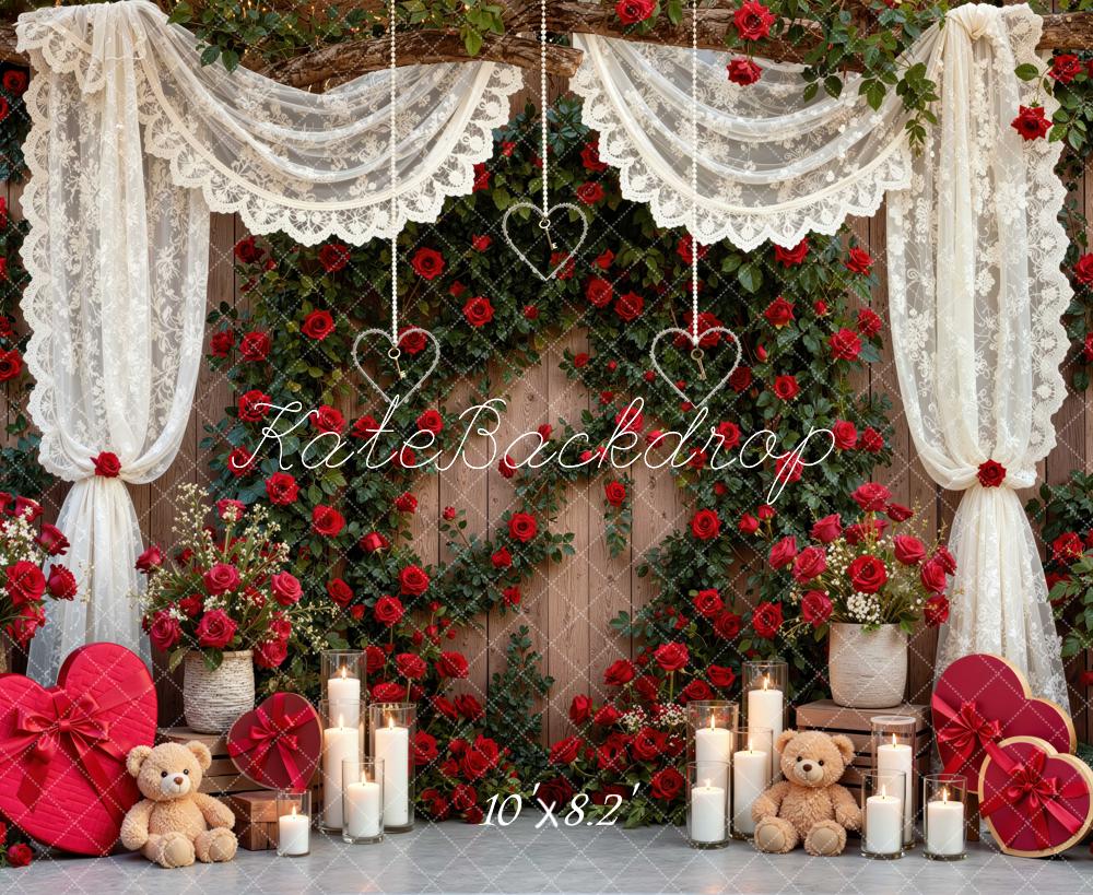 Kate Valentine's Day Lace Curtains Red Rose Heart Teddy Bears Printed Backdrop Designed by Mini MakeBelieve