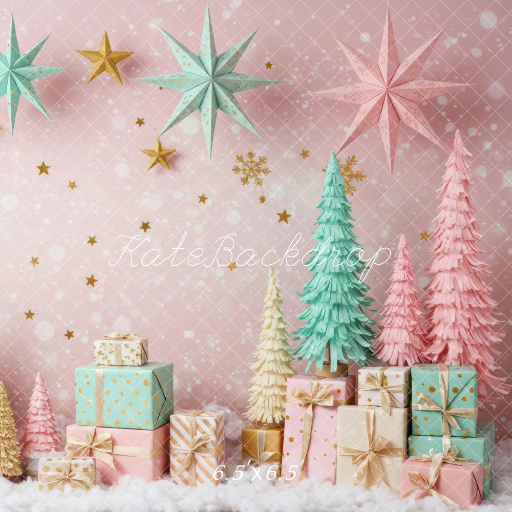 Kate Christmas Pink Pastel Trees Gold Stars Gift Boxes Backdrop Designed by Patty Roberts