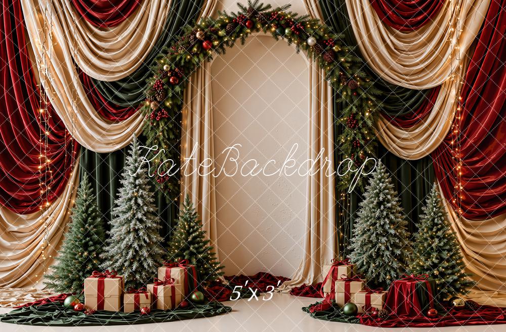 Kate Christmas Red Green Gold Drapes Flower Arch Christmas Trees Gifts Printed Backdrop Designed by Emetselch